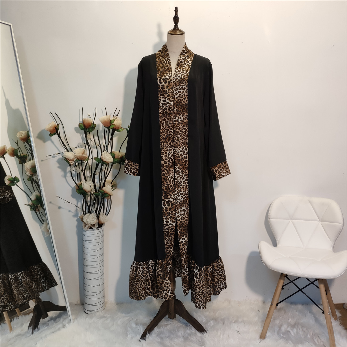 2021 New Womens Leopard Print Stitching Fashion Cardigan Open Abaya Kimono (11)