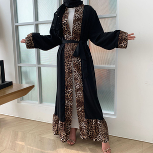 2021 New Women's Leopard Print Stitching Fashion Cardigan Open Abaya Kimono
