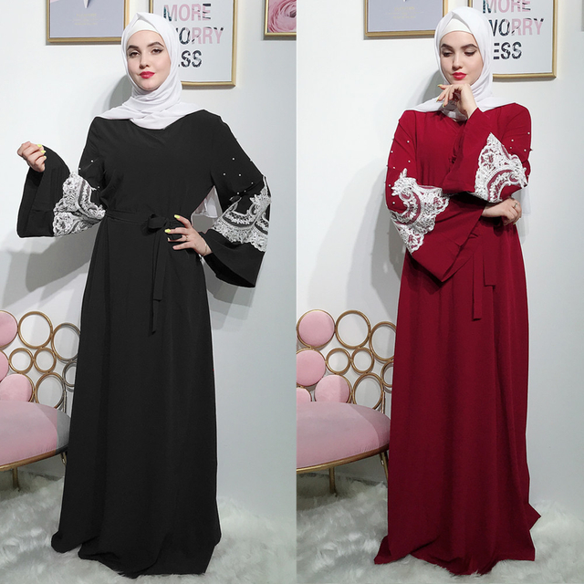 New Design Hotsale Fashion Turkish Trumpet Lace Sleeves Red Color Muslim Dresses