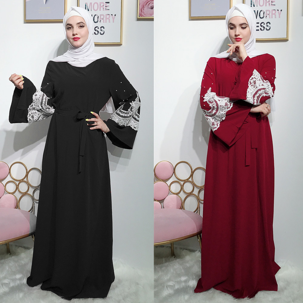 New Design Hotsale Fashion Turkish Trumpet Lace Sleeves Red Color Muslim Dresses