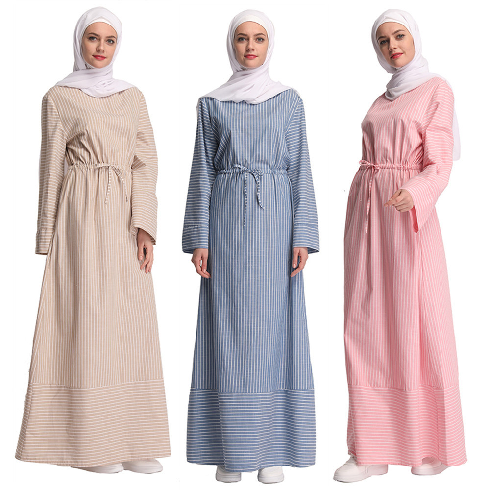Wholesale Fashion Striped Summer Casual Pattern Popular Muslim Abaya Islamic Women Clothing