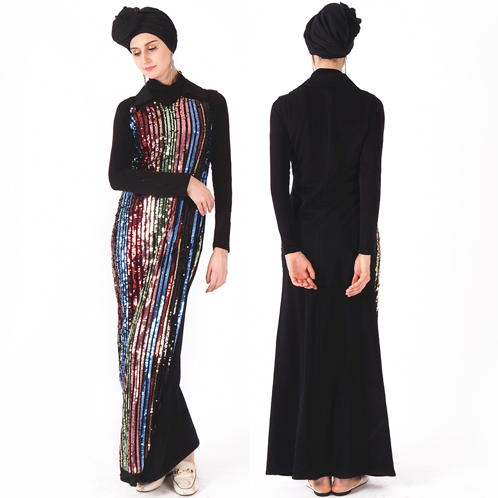 Sequins Elegant Middle East Muslim Maxi Dress Party Evening Gown Islamic Clothing