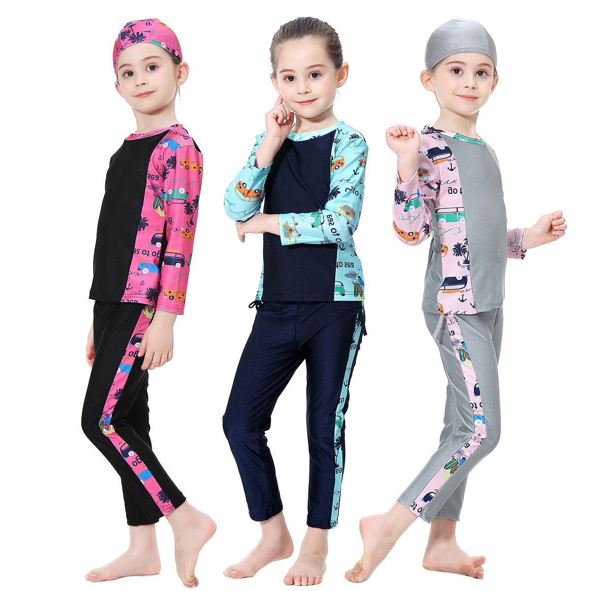 Girls Kids Swimwear Three-Piece Color Stitching Design Muslim Islamic Swimsuit Swimwear
