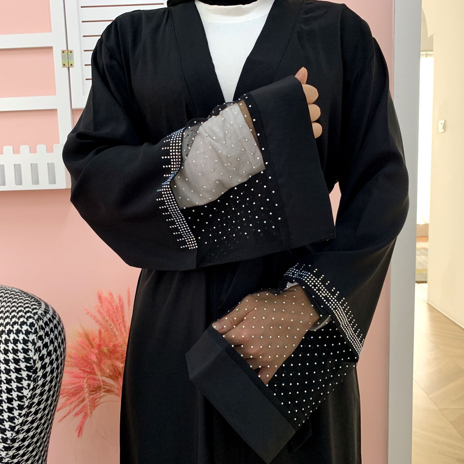 Modest Womens Mesh Fabric Stitching Beading Muslim Cardigan Open Abaya (10)