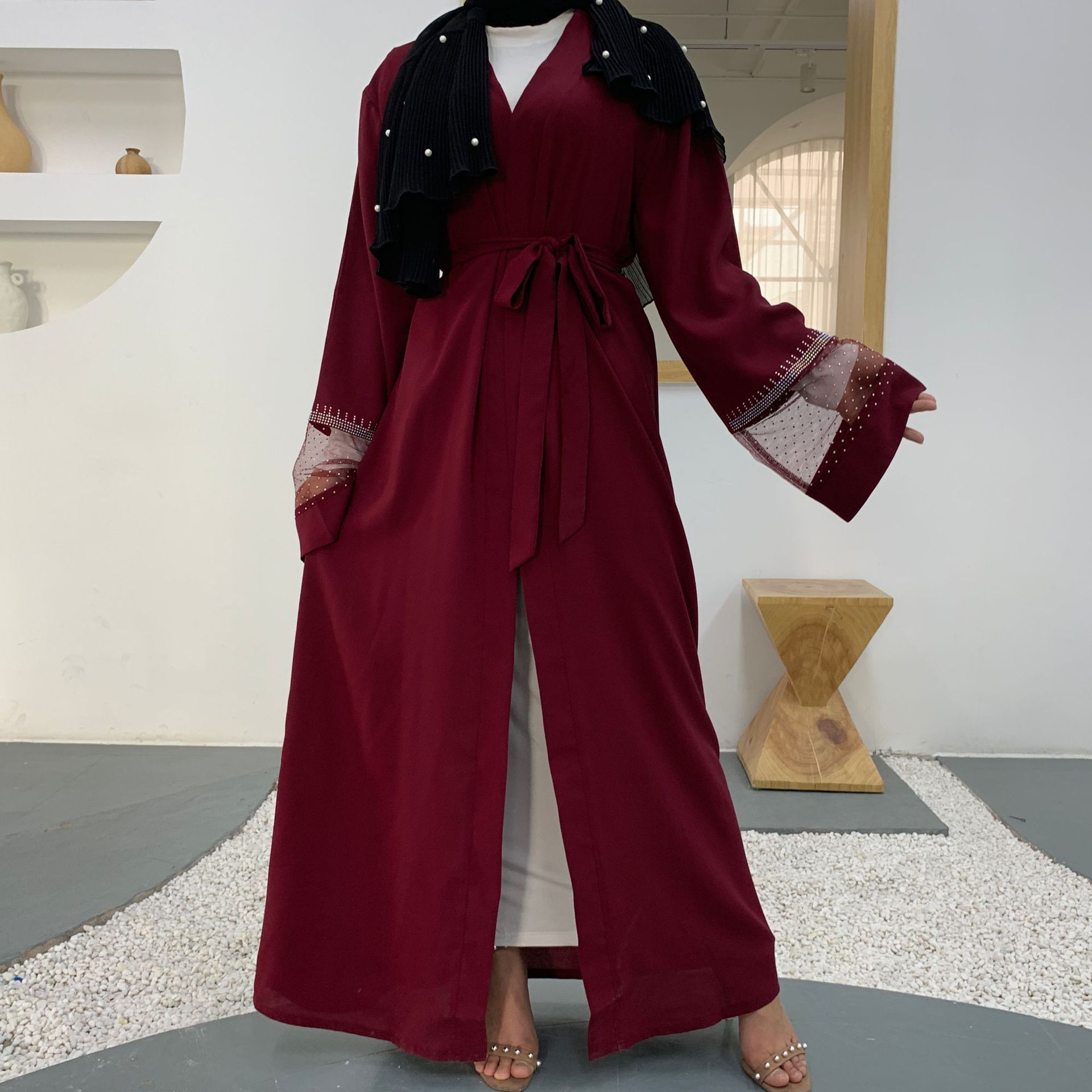Modest Womens Mesh Fabric Stitching Beading Muslim Cardigan Open Abaya (20)