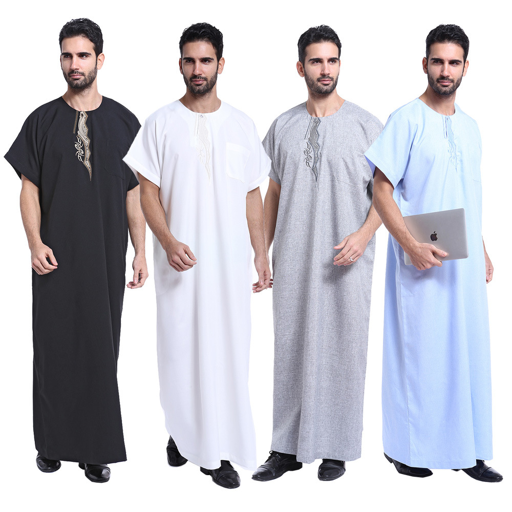 Traditional Embroidery Breathable Summer Short Sleeve Muslim Islamic Clothing Robes Thobes