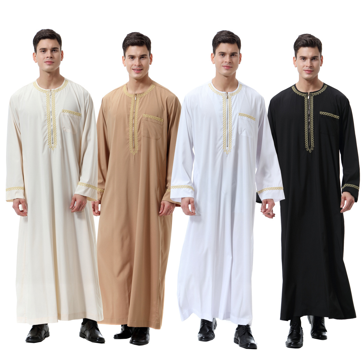 Printed Crew Neck Highly Elastic Breathable Hooded Abaya Muslim Islamic Men Clothing Jubba Thobe