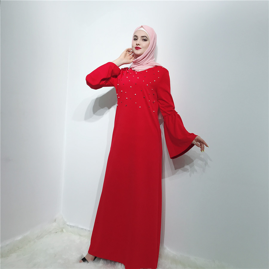 Islamic Fashion Dubai Abaya Long Sleeves Pearls Women Muslim Dresses