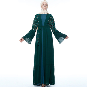 Islamic Sequin Tassel Chiffon Outer Flared Sleeve Female Muslim Maxi Dress