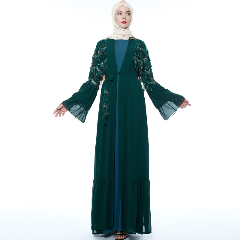 Islamic Sequin Tassel Chiffon Outer Flared Sleeve Female Muslim Maxi Dress
