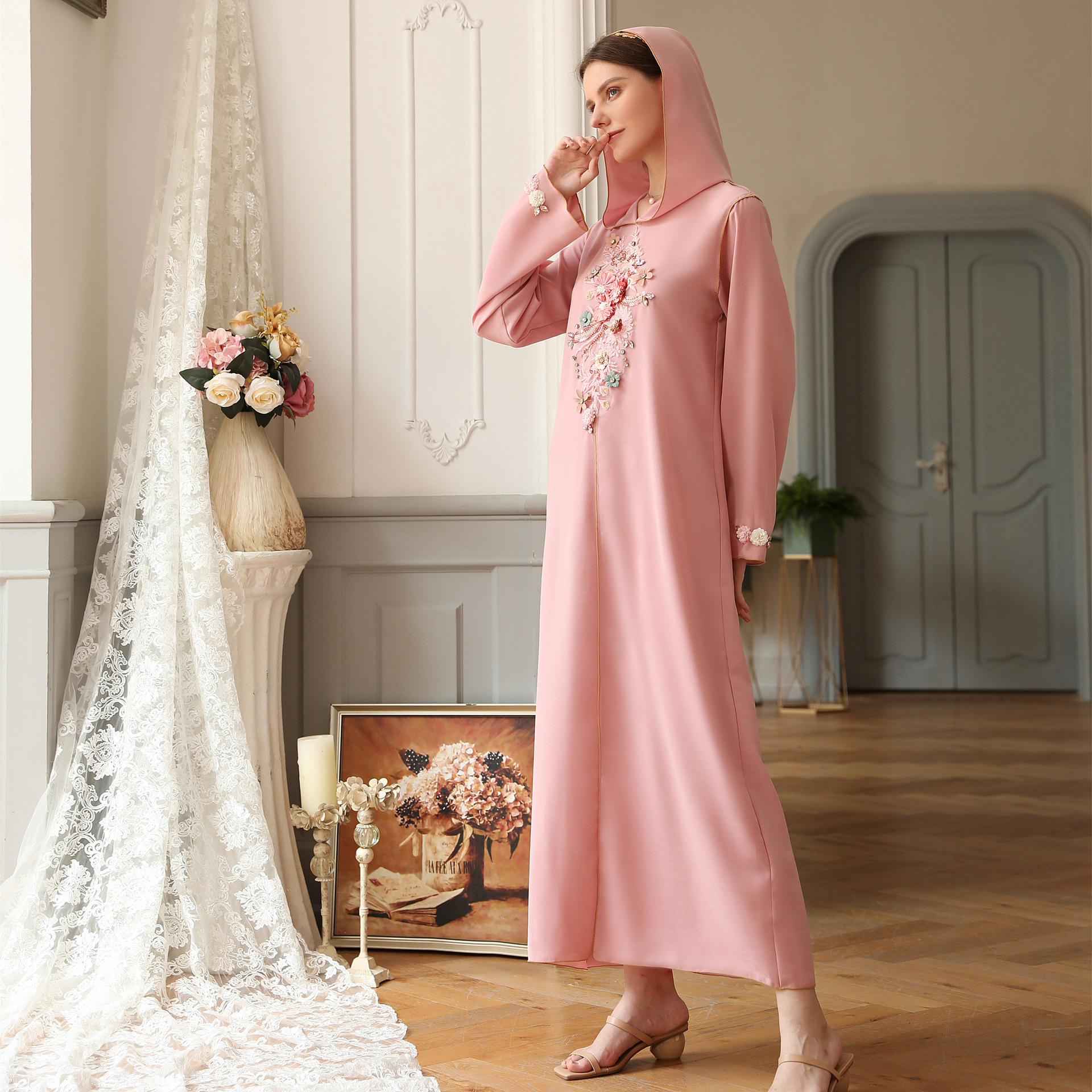 Latest Handmade Floral Hooded Muslim Islamic Abaya Modest Maxi Dress (10)