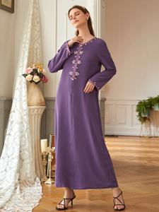 Handmade Beading V Neck Selvedge Modest Muslim Islamic Abaya Maxi Dress