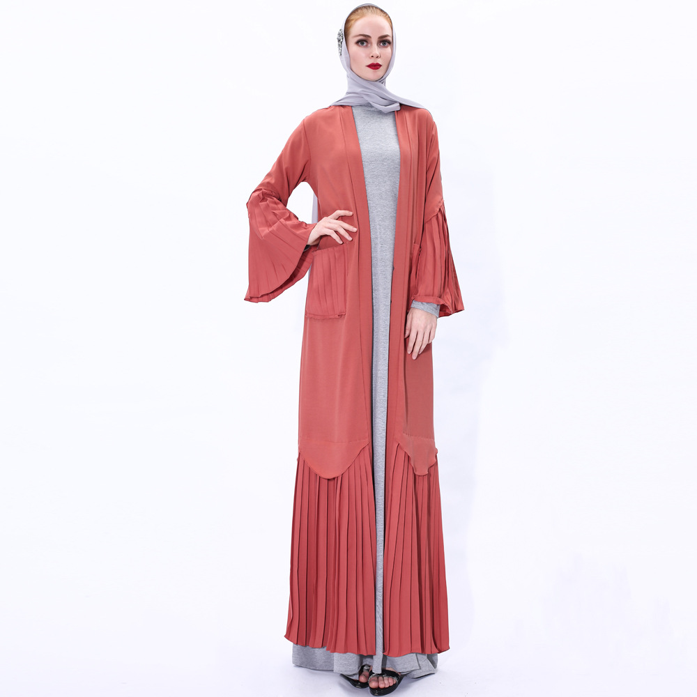 Maxi Dresses Pleated Flared Sleeves Stitching Muslim Modest Womens Laces Kimono (9)