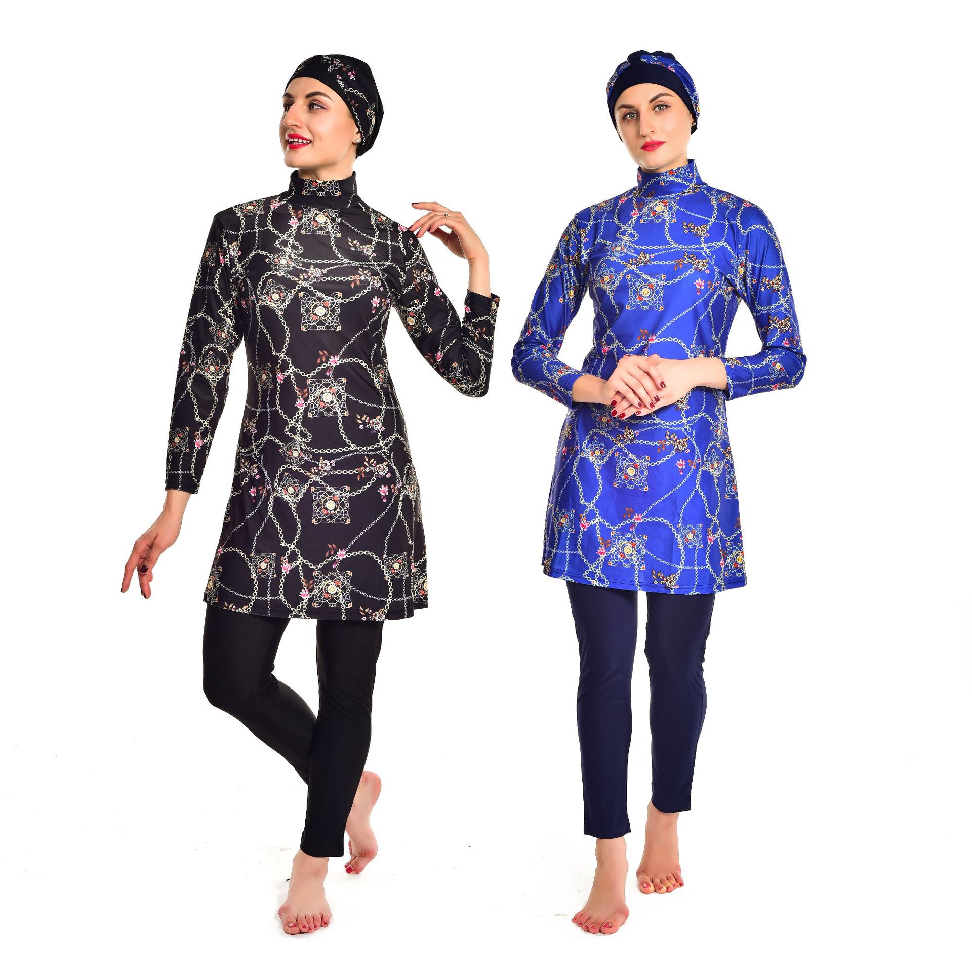 Muslim Plus Size Slim High Elastic Tight-fitting Long-sleeved Swimsuit Three-piece Printed Swimsuit