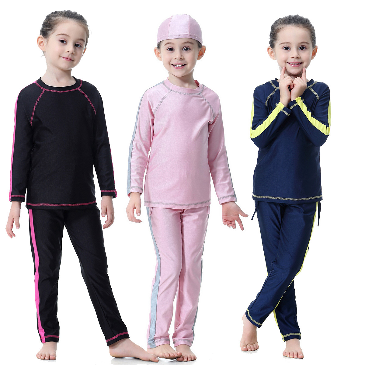 Girls Kids Traditional Fashion Monochrome Line Stitching Design Muslim Islamic Swimsuit Swimwear