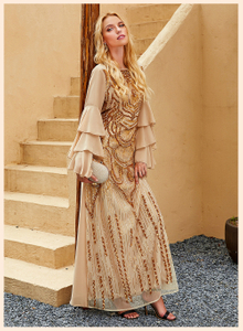 RTS Ruffle Sleeve Sequins Embroidery Muslim Islamic Abaya Maxi Dress