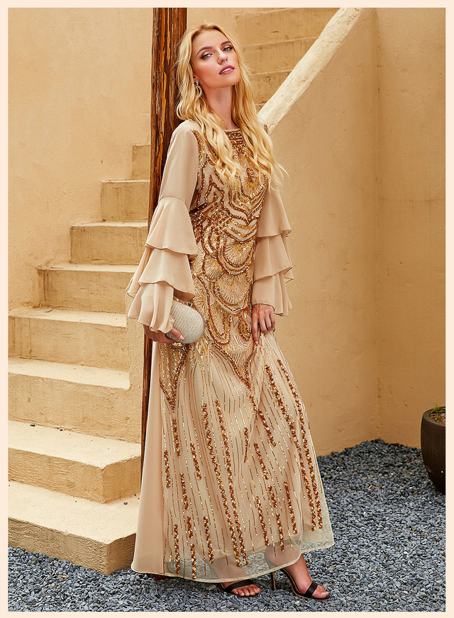 RTS Ruffle Sleeve Sequins Embroidery Muslim Islamic Abaya Maxi Dress