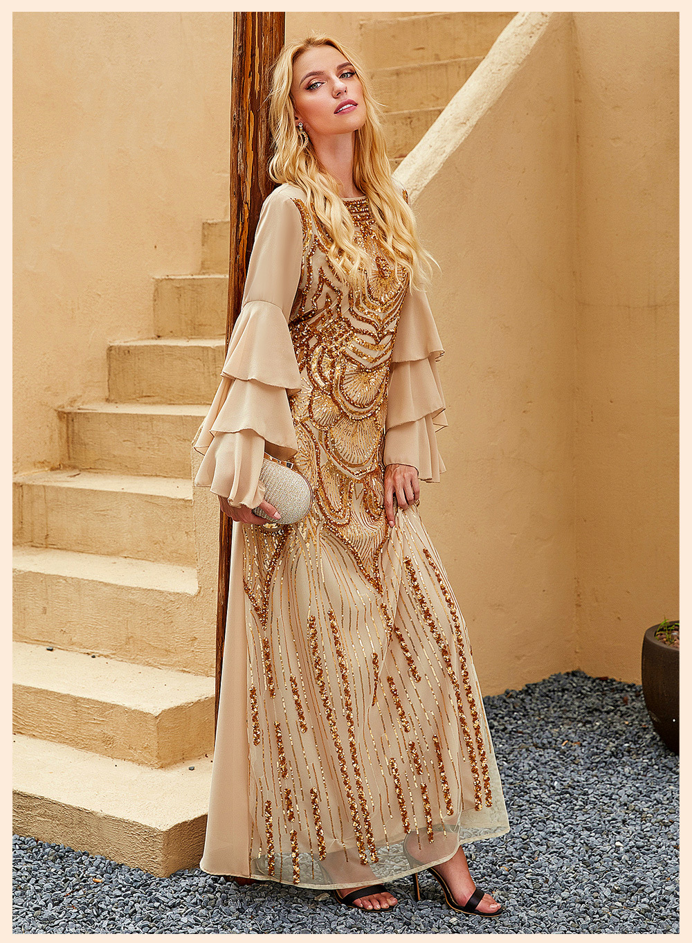 RTS Ruffle Sleeve Sequins Embroidery Muslim Islamic Abaya Maxi Dress