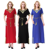 Popular Styles Breathable V-Neck Applique Short Sleeve Muslim Islamic Abaya Dresses Clothing
