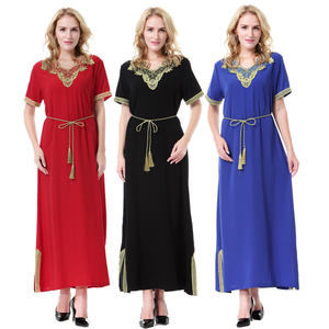Popular Styles Breathable V-Neck Applique Short Sleeve Muslim Islamic Abaya Dresses Clothing