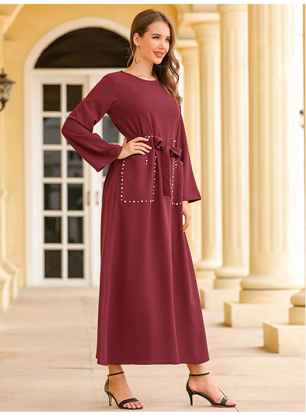 Middle East Waist Tie Beading Round Neck Muslim Modest Islamic Abaya