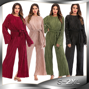 Pantalon Femme Pleated Bodysuit Macacao Feminino Islamic Muslim Bandage Rompers Women Jumpsuit