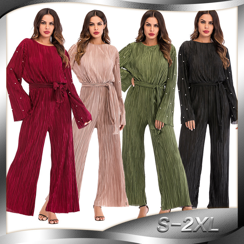 Pantalon Femme Pleated Bodysuit Macacao Feminino Islamic Muslim Bandage Rompers Women Jumpsuit
