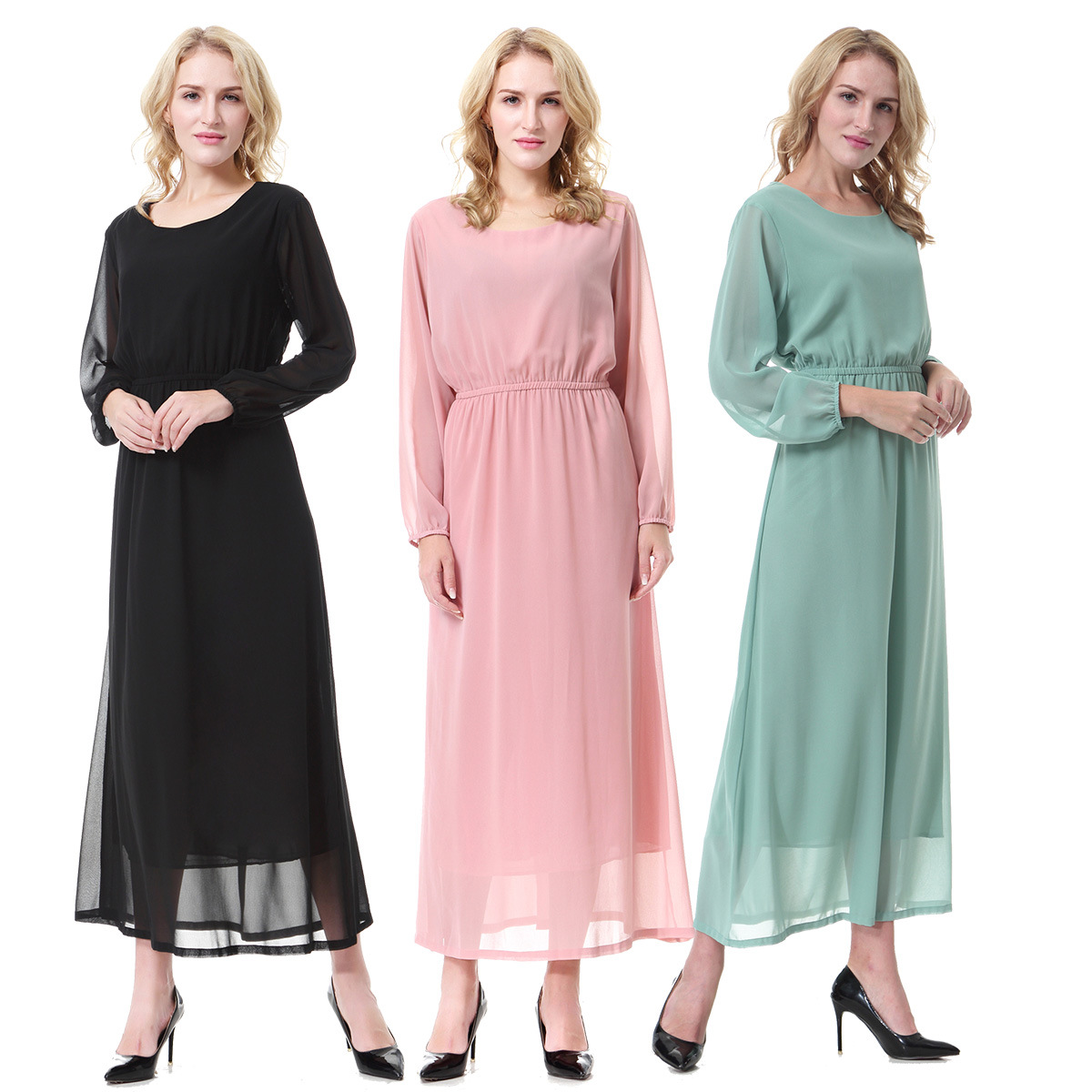 New Designs Double Chiffon Breathable Long Sleeve Muslim Islamic Women Abaya Dress Clothing