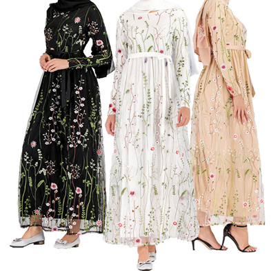 Ins Popular Mesh Floral Embroidery Modest Muslim Islamic Fashion Abaya Maxi Dress