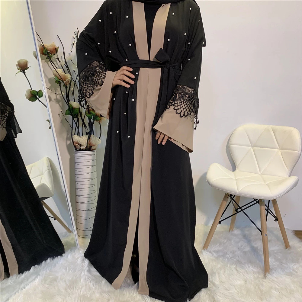 2022 New fashion women's lace stitching beaded lace Muslim cardigan robe without headscarf