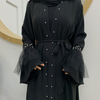 2022 Middle East Robe New Bead Stitching Mesh Lace-up Muslim Cardigan 