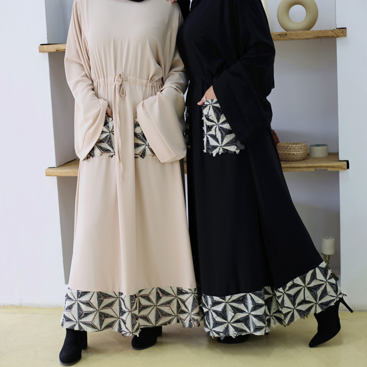 2022 Cross-border Women's European and American Muslim Fashion Simple Stitching Waist Arab Turkish Dress