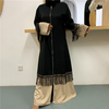 2022 Turkish Muslim Fashion Fringed Lace Stitching Dress Women's Zipper Cardigan Robe