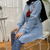 2022 Spring And Autumn Muslim Fashion Women's Casual All-match Embroidered Lapel Long-sleeved Slim Plus Size Denim Top