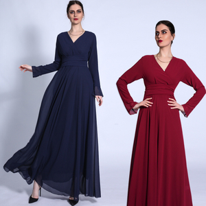 New Style V-neck Long-sleeved with Waist Cross-tie Chiffon Solid Color Muslim Women Dress