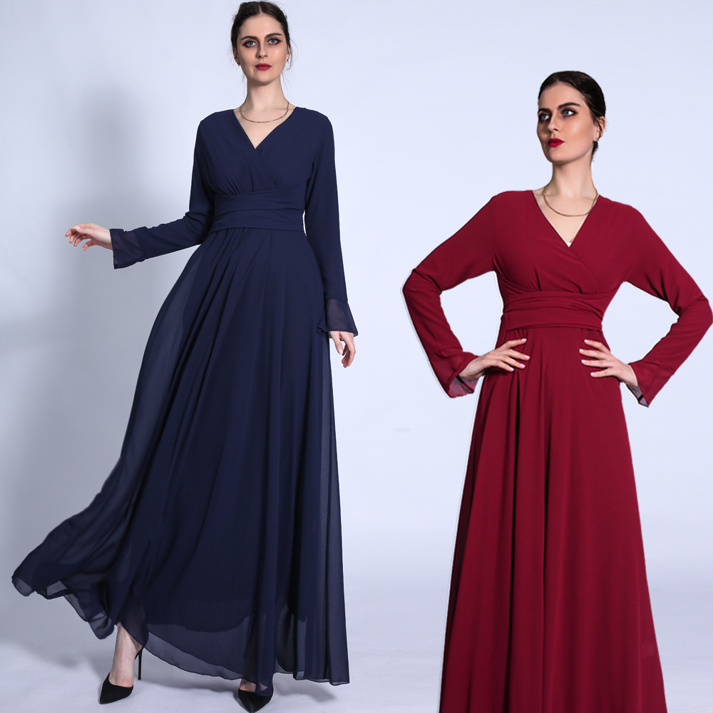 New Style V-neck Long-sleeved with Waist Cross-tie Chiffon Solid Color Muslim Women Dress