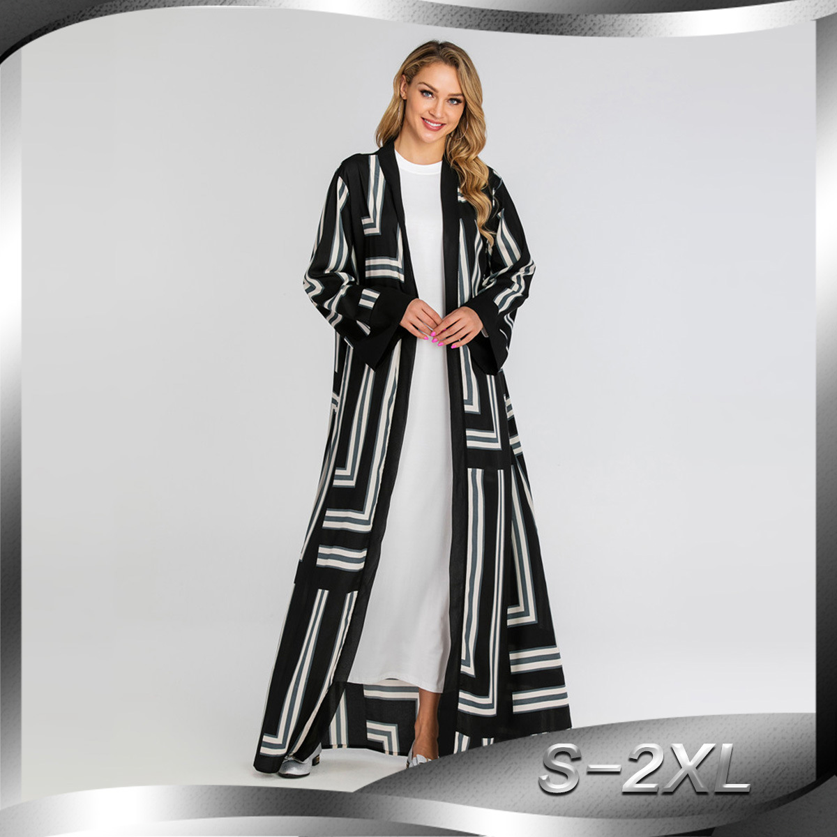 European And American Muslim Striped Loose Lace Cardigan Robe Women