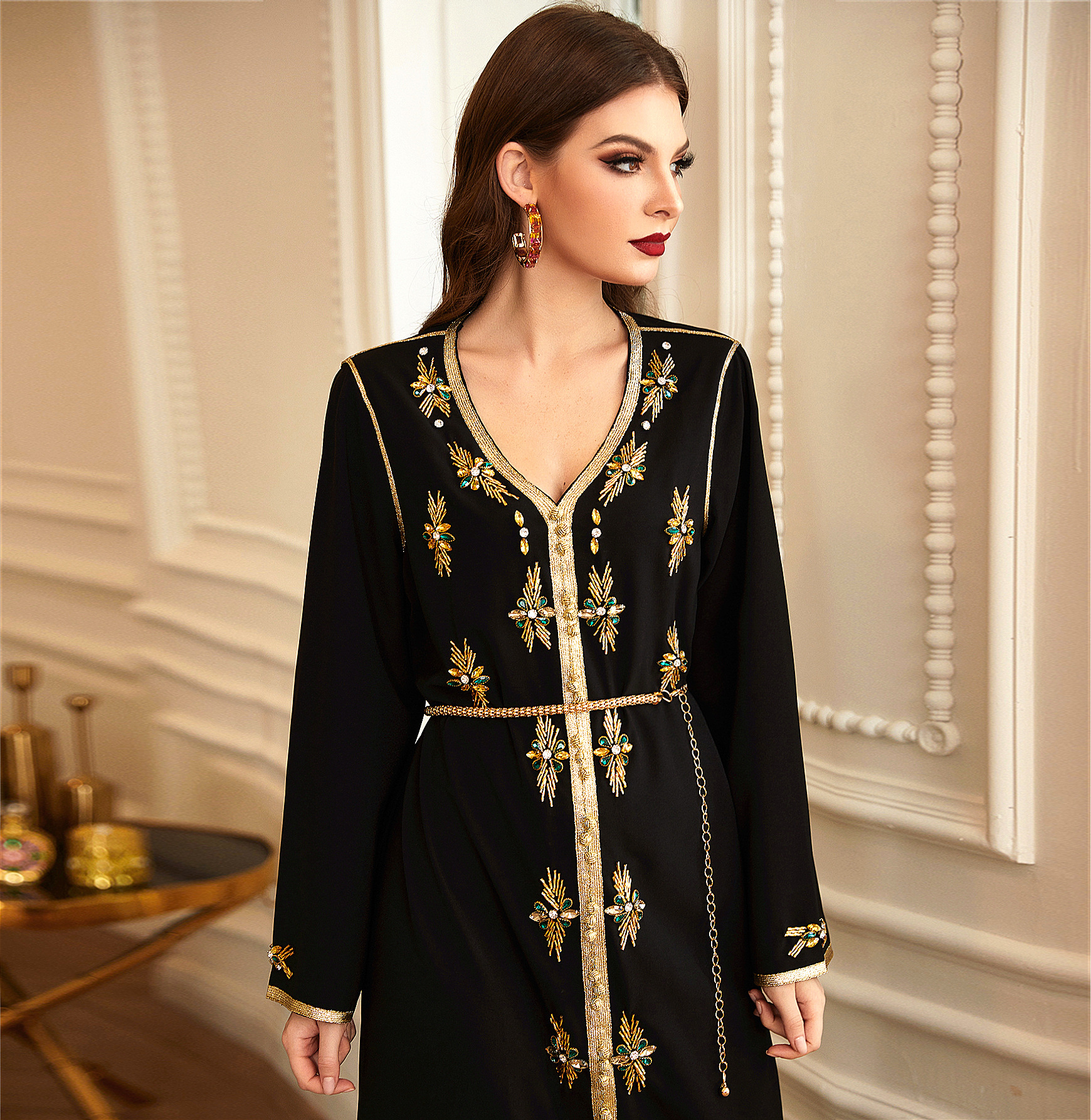 Hand-stitched V-neck Rhinestone Robe Middle Eastern Party Festive Dress Abaya