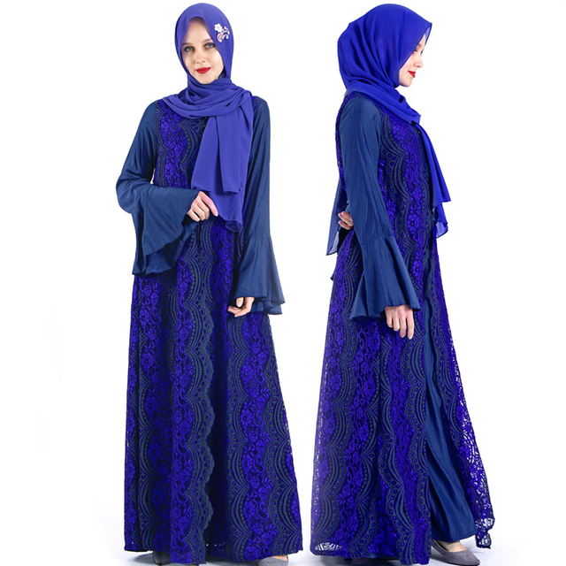 Long Sleeve Modest Fashion Lace Islamic Chiffon Muslim Maxi Dresses Best Selling Islamic Dubai Loose Abaya