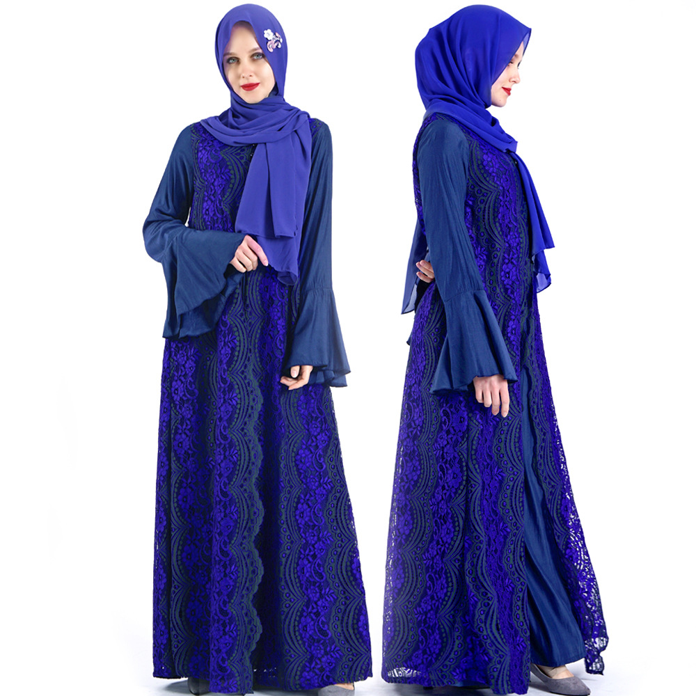 Long Sleeve Modest Fashion Lace Islamic Chiffon Muslim Maxi Dresses Best Selling Islamic Dubai Loose Abaya
