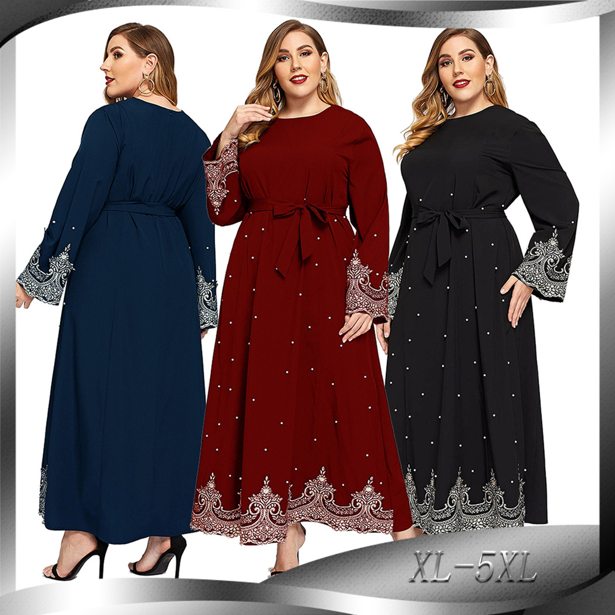 Amazon Hot Sale Ebay Hot Sale Embroidered Beaded Long-sleeved Plus Size Women's Dress