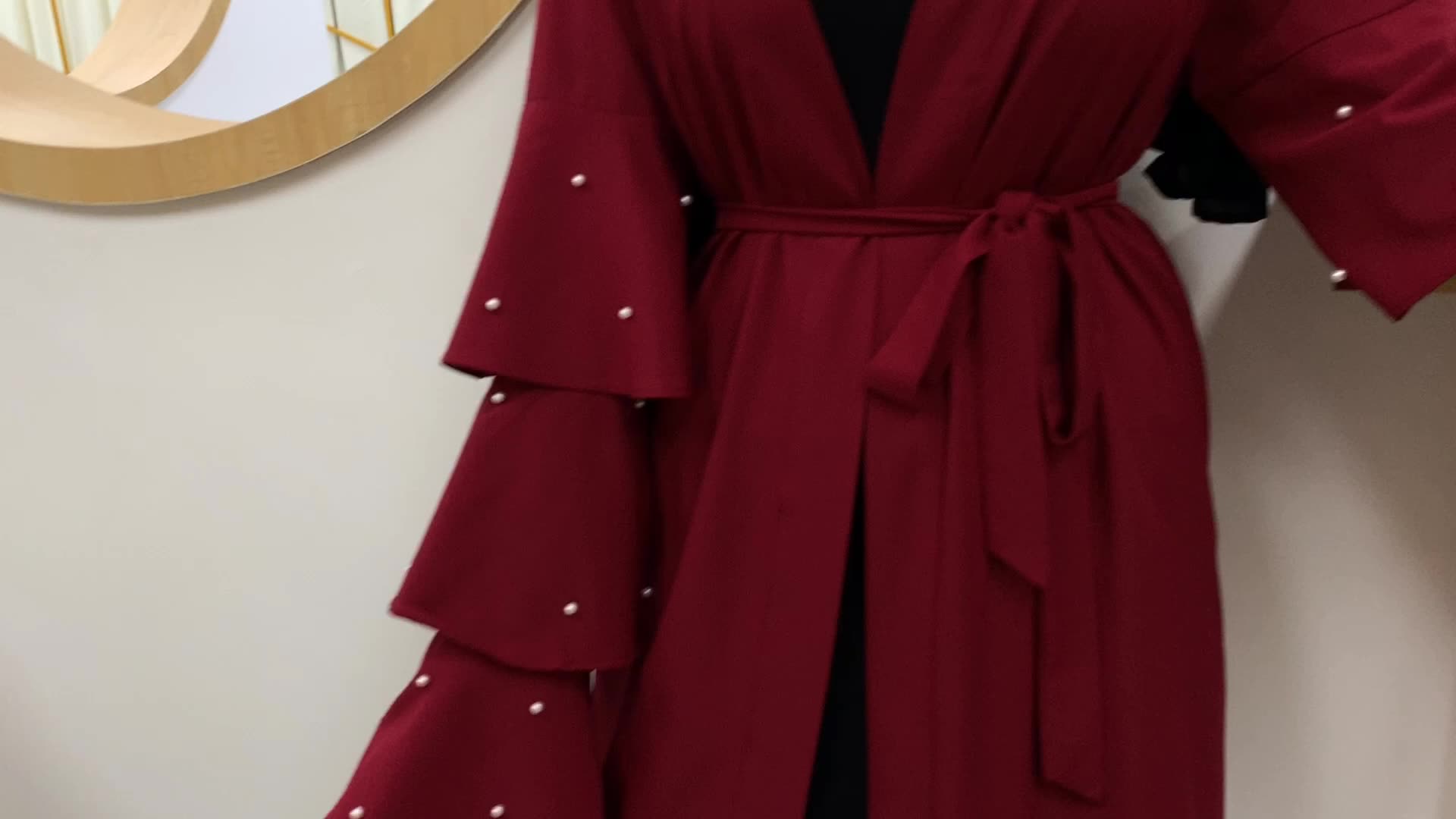 European And American Muslim Fashion Beaded Multi-layer Flared Sleeves with Solid Color Cardigan Robe