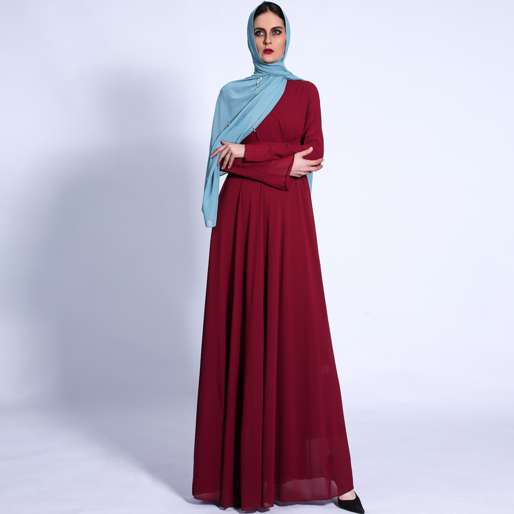 Autumn New Style V-neck Long-sleeved Dress with Waist Cross-tie Chiffon Solid Color Muslim Female Dress