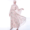 Fashion Floral Chiffon Big Flared Sleeve Dress Retro A-line Slim Muslim Female Abaya Dress