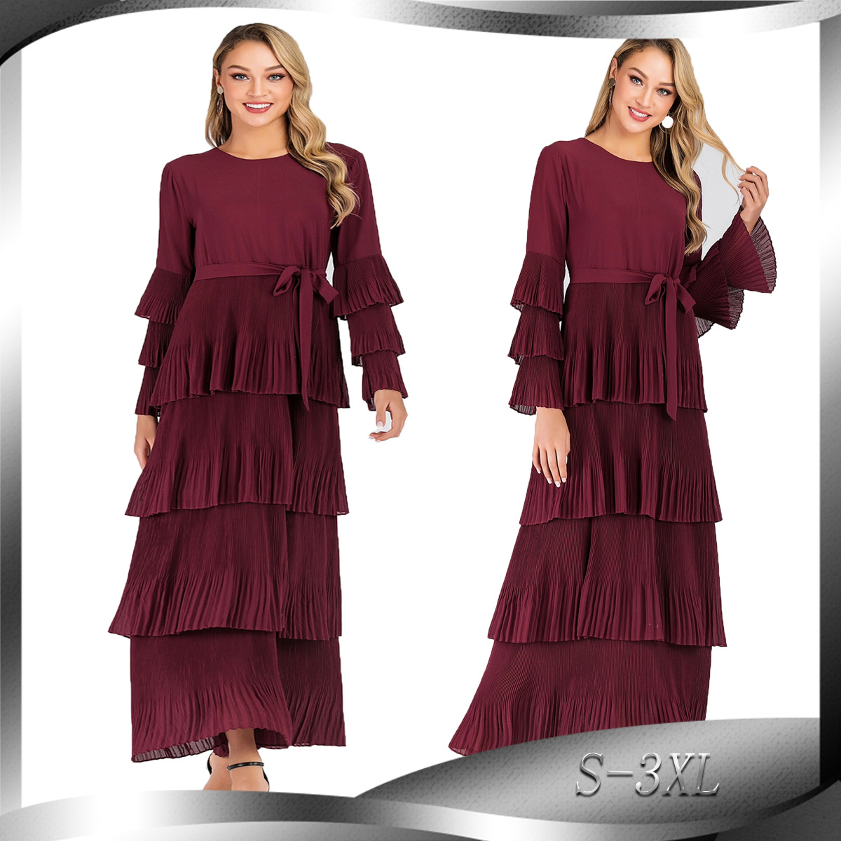 Amazon AliExpress Hot Selling New Fashion Elegant Round Neck Cake Skirt Long Dress