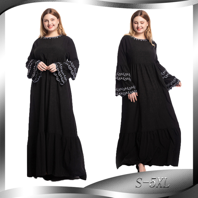 European And American Plus Size Fashion Petal-sleeved Dress Long-sleeved Embroidery Slim Abaya