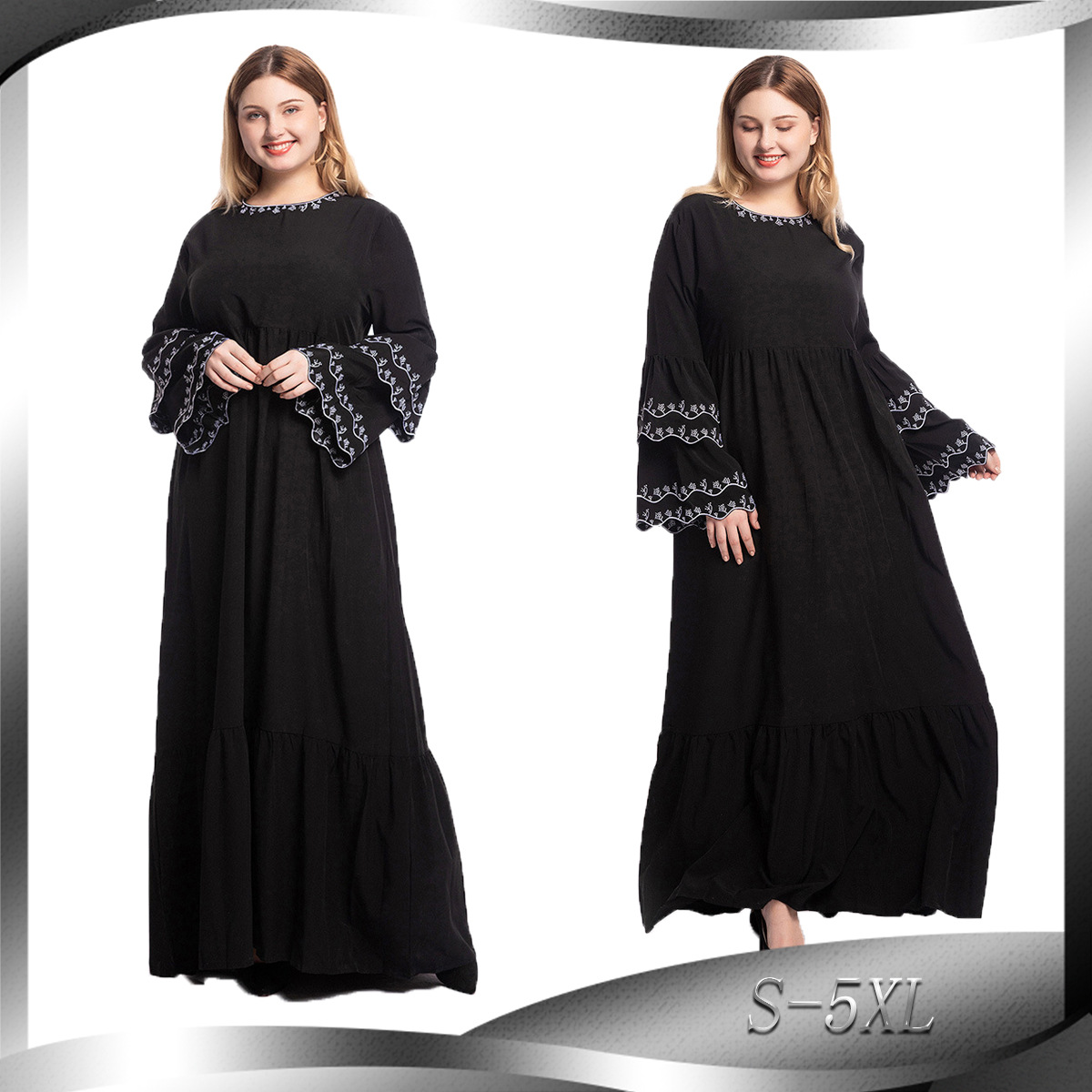 European And American Plus Size Fashion Petal-sleeved Dress Long-sleeved Embroidery Slim Abaya