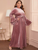 European And American Fashion Plus Size Women's Bronzing Trumpet Sleeve Gold Velvet Casual Dress Long Skirt