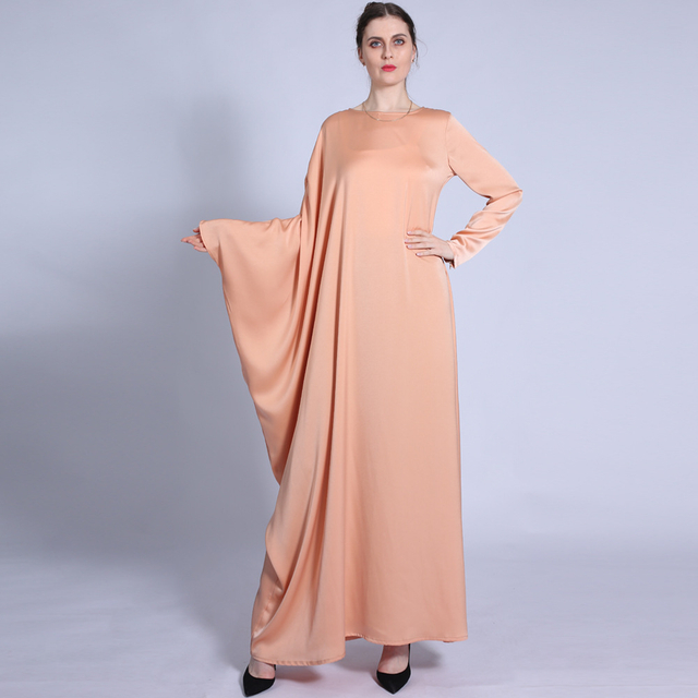Winter Unilateral Bat Sleeve Retro Solid Color Dress Muslim Women's Loose Waist Long Skirt Abaya
