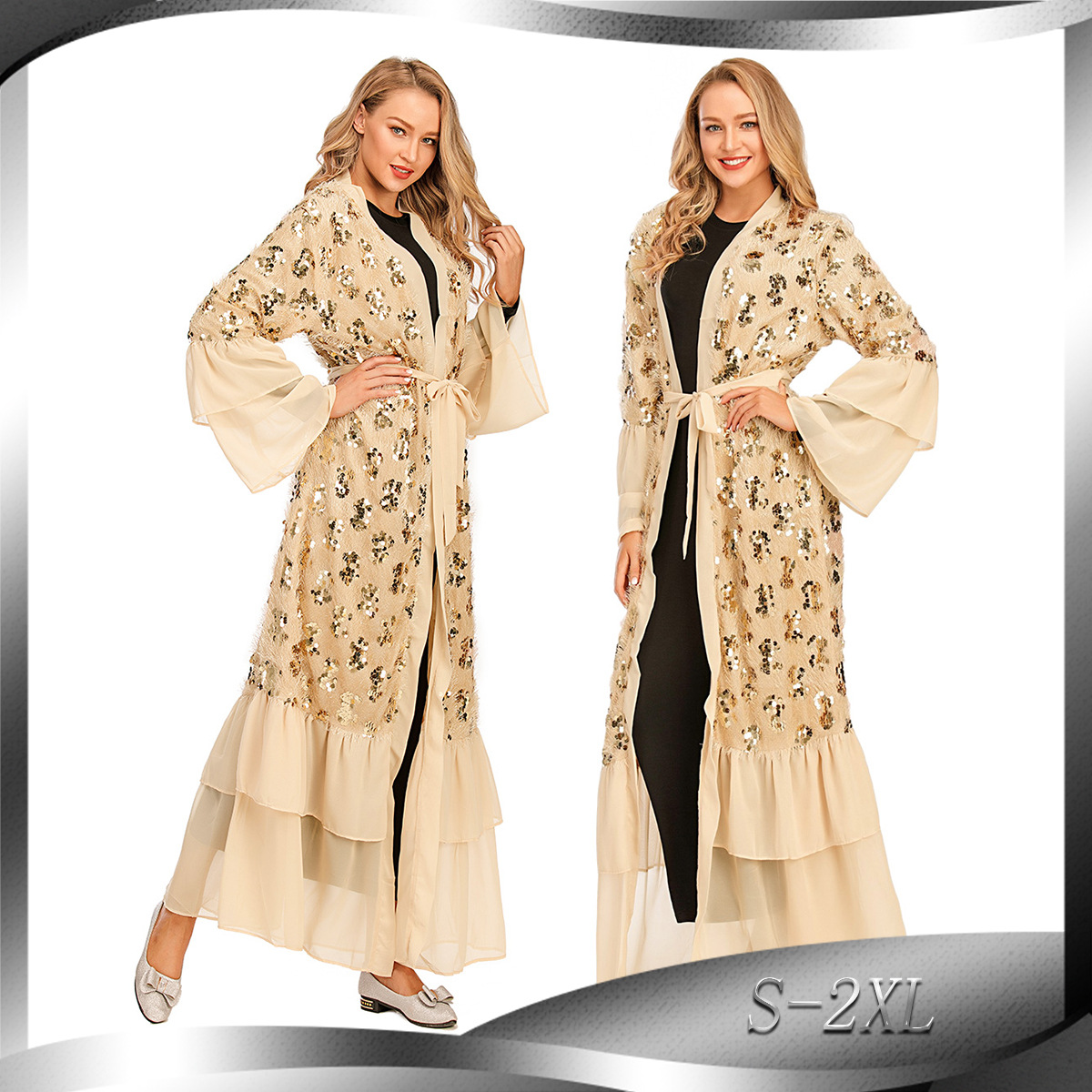Fashion New Sequined Chiffon Stitching Flared Sleeve Muslim Cardigan Robe